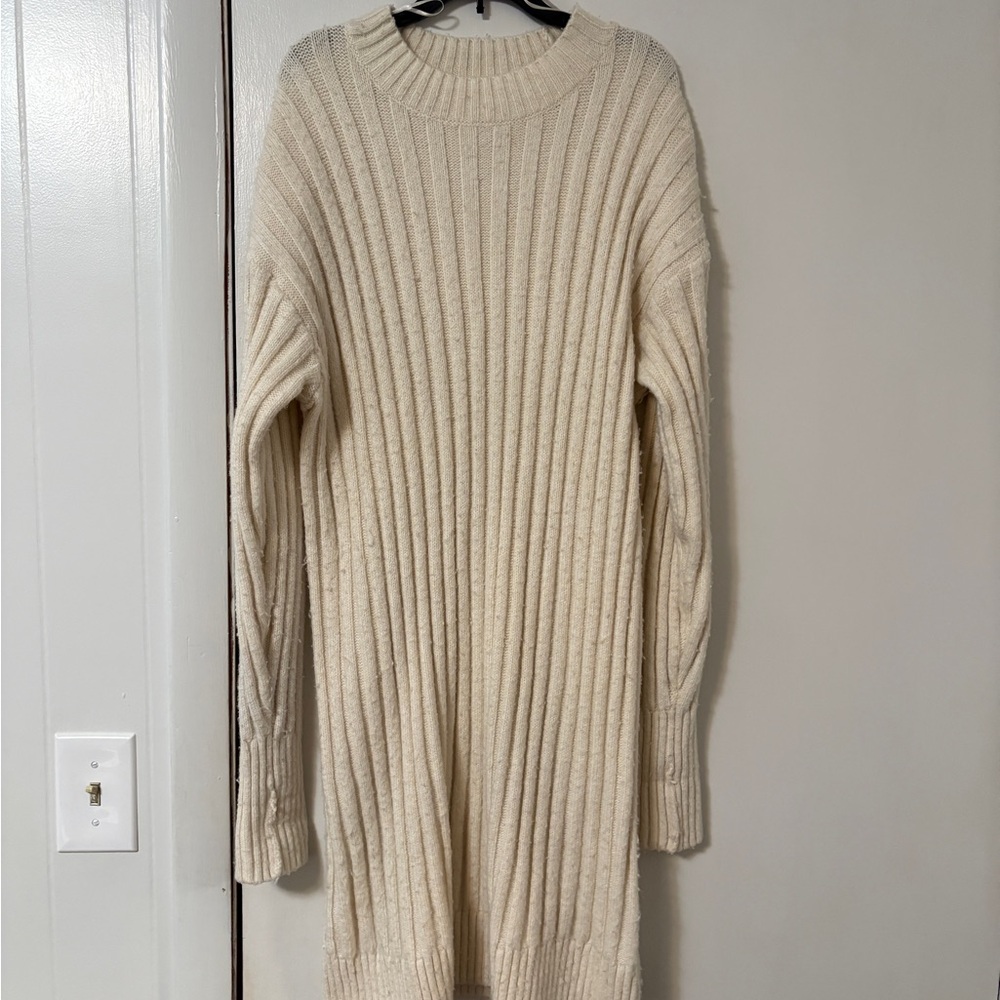 Cream Ribbed Knit Sweater Dress